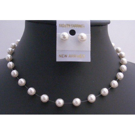 Pure White Swarovski Pearls 8mm Necklace w/ Stud Earring Jewelry Set
