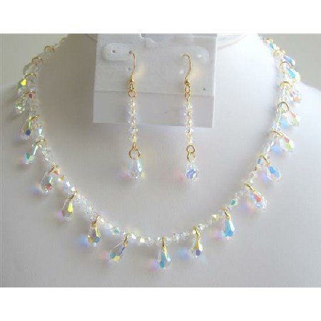 Gold AB Crystals Teardrop Jewelry Set Genuine AB Crystals Necklace Set Exclusive Bridal Jewelry Set