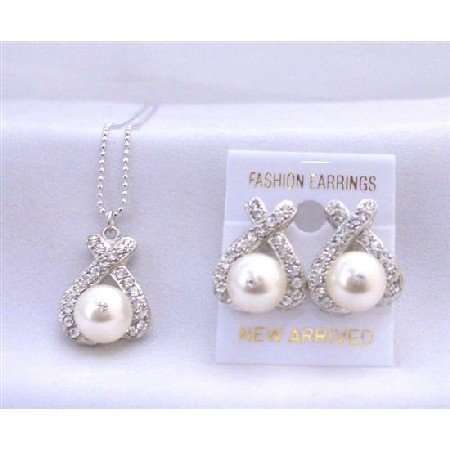 Swarovski Pearls 10mm Pendant Earrings Jewelry Set Cream Pearls Sparkling Simulated Diamond Set