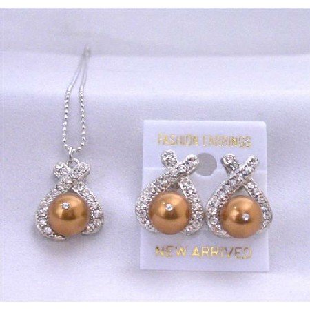 Copper Pearls Stud Earrings Pendant Swarovski Pearls Jewelry Set