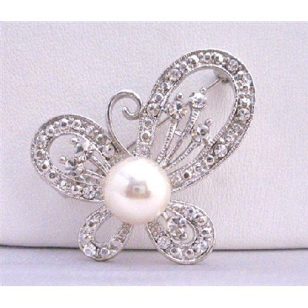 B194 Butterfy Brooch Fully Decorated w/ Cubic Zircon & Pearls In Center