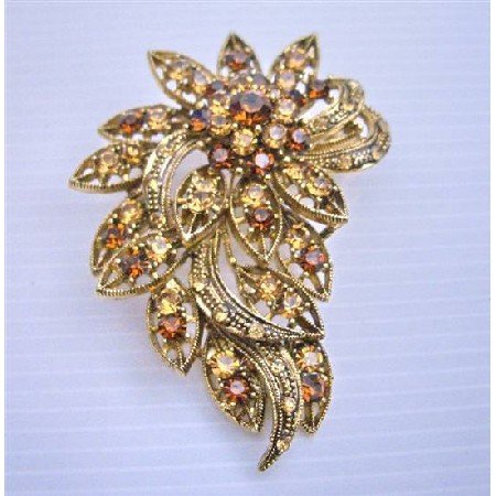 B156 Antique Copper Brooch w/ Smoked Topaz & Lite Smoked Crystals Brooch