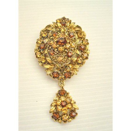 B159 Gold Vintage Style Brooch w/ Smoked Topaz & Lite Smoked Crystals Brooch