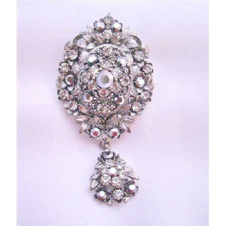 B172 Vintage Black Oxidized Black Diamond Crystals Dangling Brooch w/ Cubic Zircon Brooch