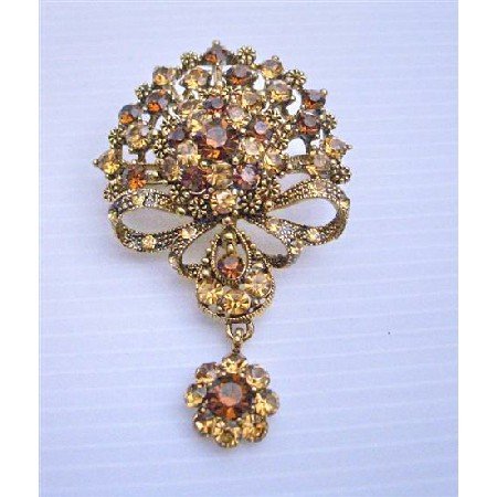 B160 Victorian Style Brooch COpper Brooch w/ Smoked Topaz & Lite Smoked Crystals Brooch