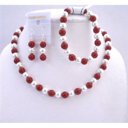 Coral Round Beads w/ Simulated White Pearls Necklace Set & Stretchable Bracelet