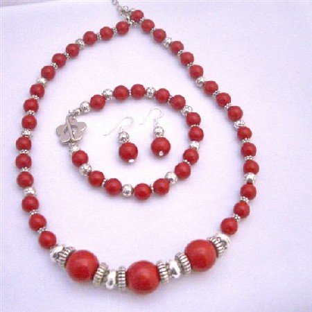 Ethnic Traditional Coral Bali Silver Coral Round Beads Necklace Earrings and Bracelet