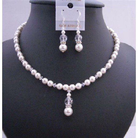 BRD679 Bridal Bridemaides Handmade Jewelry Set In White Pearls & Clear Crystals