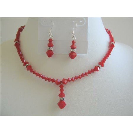 BRD595 Deep Red Coral Swarovski Crystals Necklace Set