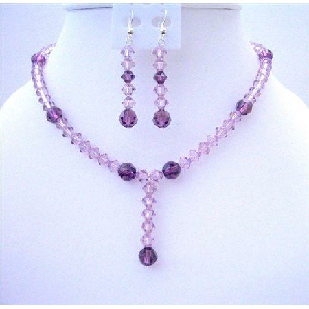 BRD416 Purple Swarovski Crystals Light & Dark Puprle Crystals w/ Drop Down Wedding Jewelry Set