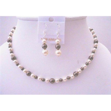 BRD451 Brown Ivory Pearls Flower Girl Swarovski Pearls Jewelry Set Necklace & Earrings