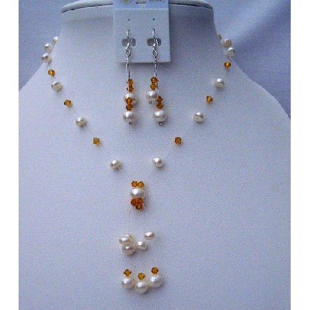 BRD370 Swarovski Topaz Crystals & Freshwater Pearls Wedding Swarovski Crystals Necklace Set