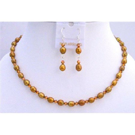 BRD698 Copper Freshwater Pearls Rice Shaped Pearls Jewelry Set w/ Genuine Swarovski Copper