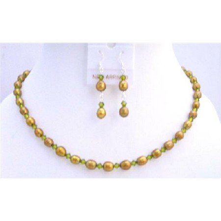 BRD699 Dyed FreshWater Pearls Olive Green w/ Swarovski Olive Green Crystals Handmade Jewelry Set
