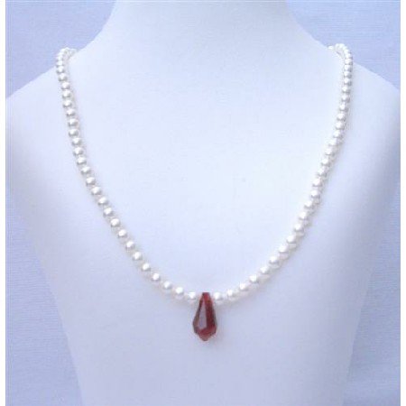 BRD404 Flower Girl White Pearls Jewelry Necklace w/ Siam Red Crystals Teardrop Necklace