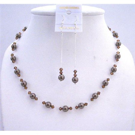 BRD613 Chocolate Pearls Jewelry Set Bridal Bridemaids Dark Chocolate Brown Pearls & Smoked Topaz