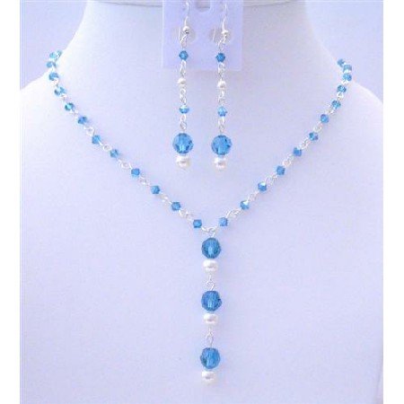 BRD430 Handcrafted Bridemaides Custom Jewelry Swarovski Indicolite & White Pearls Jewelry Set