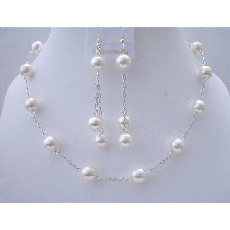BRD436 White Pearls Wedding Jewelry Genuine Swarovski White Pearls Handcrafted Necklace Set