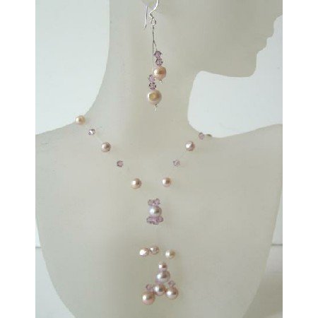 BRD350 Mauve & Pinkish Freshwater Pearls & Swarovski Crystals Necklace Set
