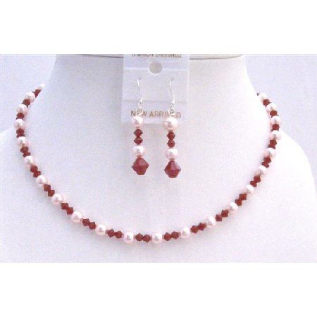 BRD746 Coral Red Jewelry Set Swarovski Coral Crystals & Rose Pink Pearls Necklace Set