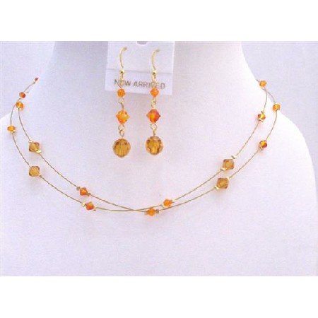 BRD782 Gold Jewelry Tricolor Crystals Jewelry Set Fire Opal Topaz & Sun Crystals Bridal Bridemaids