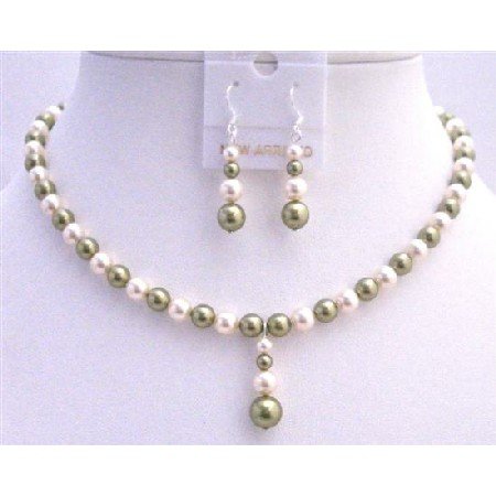 BRD798 Customize Pearls Jewelry Swarovski Green & Ivory Necklace w/ Drop Down