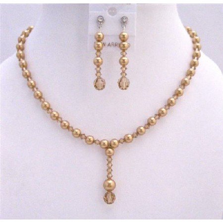 BRD722 Drop Down Golden Pearls Colorado Bridal Handcrafted Jewelry Set