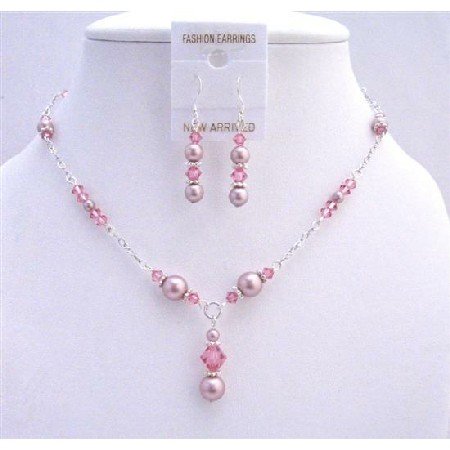BRD743 Bridal Genuine Swarovski Pink Crystals Rose Pearls Jewelry Set