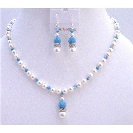 BRD740 Blue Pool Jewelry Set White Swarovski Pearls w/ Swarovski