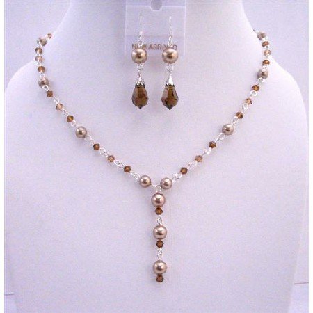 BRD655 Bridal Jewelry Bronze Pearls Smoked Topaz Crystals Handcrafted Custom Jewelry