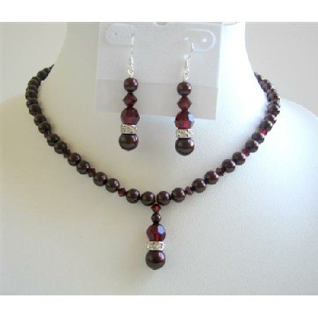 BRD598 Garnet Crystals Necklace Set Bridemaids Jewelry Set meroon