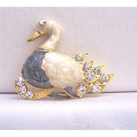 B232 Duck Brooch Gold Plated Colorful Duckling Decorated w/ Cubic Zircon