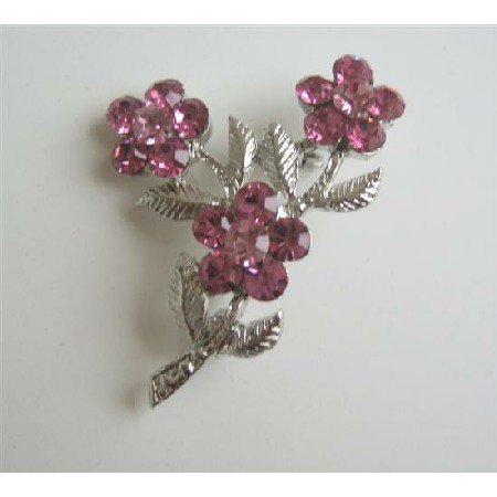 B030 Silver Tone Pink Crystals Fashion Flower Brooch w/ Silver plated Stem & Leaf Pin Brooch