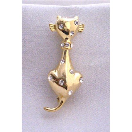 B243 Gold Pussy Cat Brooch Very Cute Brooch w/ Cubic Zircon On Body Brooch