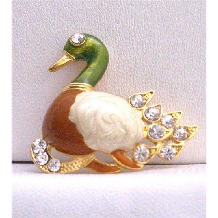 B231 Duckling Gold Plated Colorful Brooch Decorated w/ Cubic Zircon