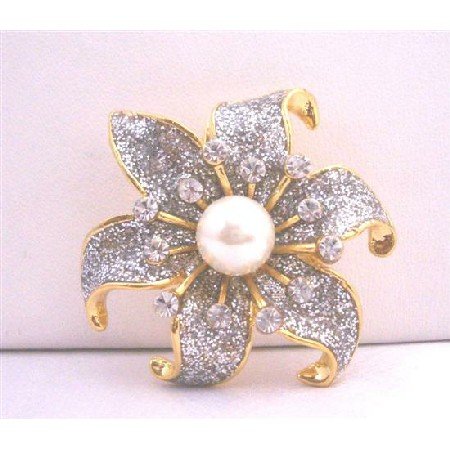 B055 Gold Plated Sunflower Cubic Zircon w/ Pearls Center
