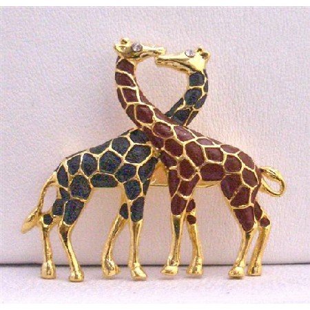 B226 Twin Giraffes Brooches Gold Plated Animal Brooch