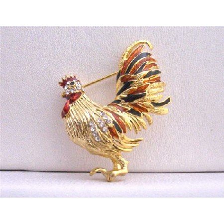 B247 Hen Brooch Colorful Hen Beautiful Hen Brooch Gold Plated Hen Brooch w/ Cubic Zircon Brooch