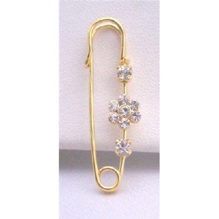 B088 Gold Metal Safety Pin w/ Cubic Zircon Flower Sparkle Like Diamond