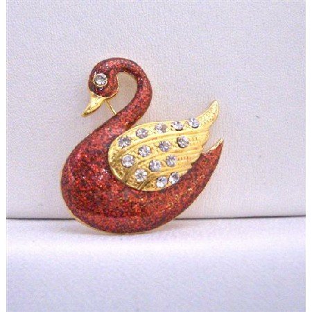 B236 Animal Brooch Gold Plated Red Duck w/ Gold Wings Decorated CZ
