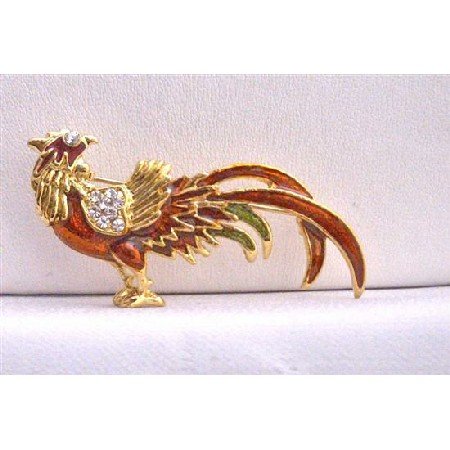 B245 Stunning Animal Brooches Red Rooster Gold Plated Brooch w/ Cubic Zircon Brooch