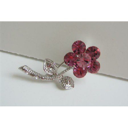 B089 Rose Pink Brooch Simulated Crystals w/ Silver Tone Pink Brooch Pin