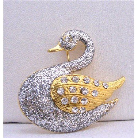 B237 Silver Glitter Animal Brooch Gold Plated Silver Duck w/ Gold Wings Decorated CZ