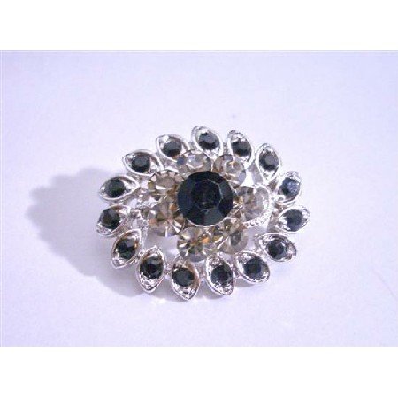 B071 Black Rhinestones Brooch Silver Casting Pin Brooch New/Stunner