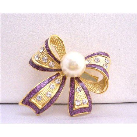 B192 Purple Beautiful OUtline Gold Bow Cubic Zircon Brooch w/ White Cultured Pearls Pin Brooch
