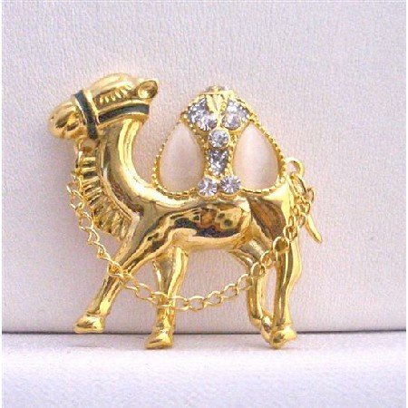 B225 Camel Gold Brooch Hump Cubic Zircon Glass Beads w/ Chain Camel Brooch