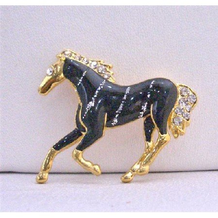 B227 Gold Tone Studded Horse Brooch w/ Black Painted & Silver Stripes Brooch