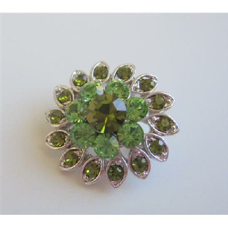 B152 Flower Brooch New Silver Casting Flower Brooch w/ Peridot & Erinite Rhinestones