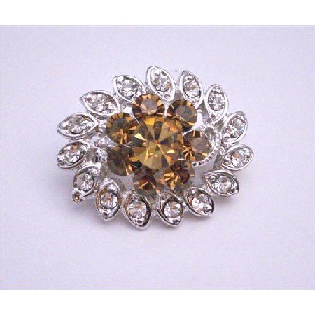 B058 Smoked Topaz Crystals Flower Brooch w/ Cubic Zircon Leaves Surrounded Beautiful Pin Brooch