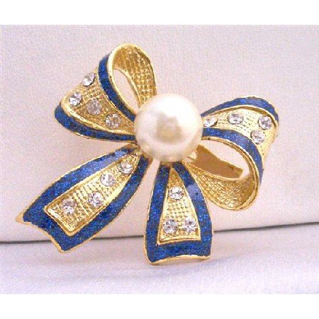 B191 Blue OUtline Bow Cubic Zircon Brooch w/ White Cultured Pearls Pin Brooch